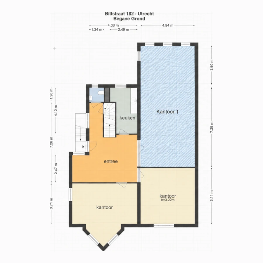 Plattegrond van de begane grond met kantoor 1 gemarkeerd