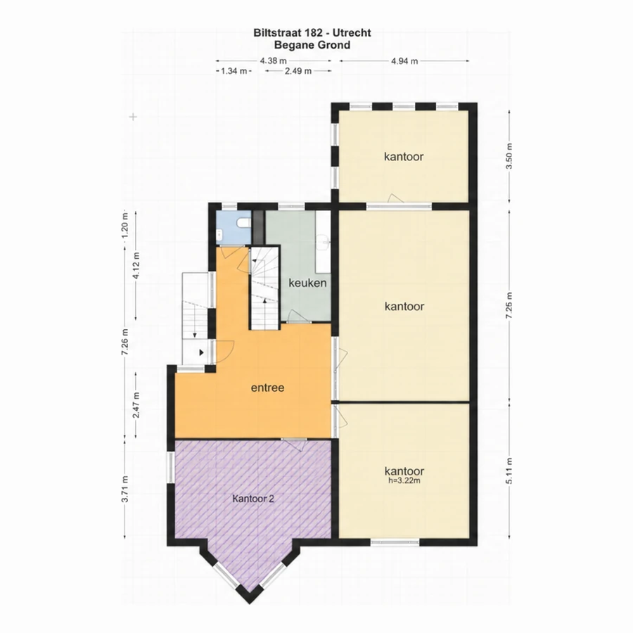 Plattegrond van de begane grond met kantoor 2 gemarkeerd