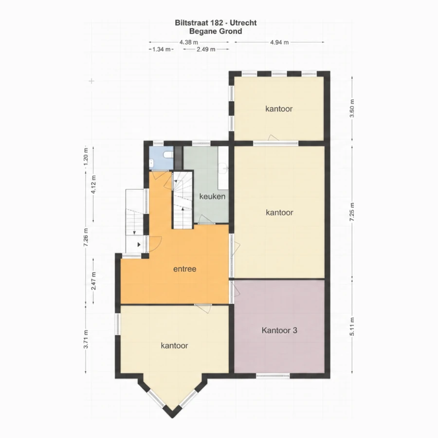 Plattegrond van de begane grond met kantoor 3 gemarkeerd