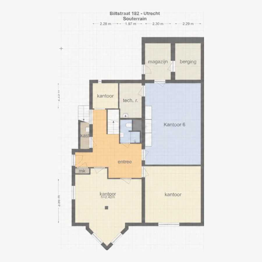 Plattegrond van het souterrain met kantoor 6 gemarkeerd