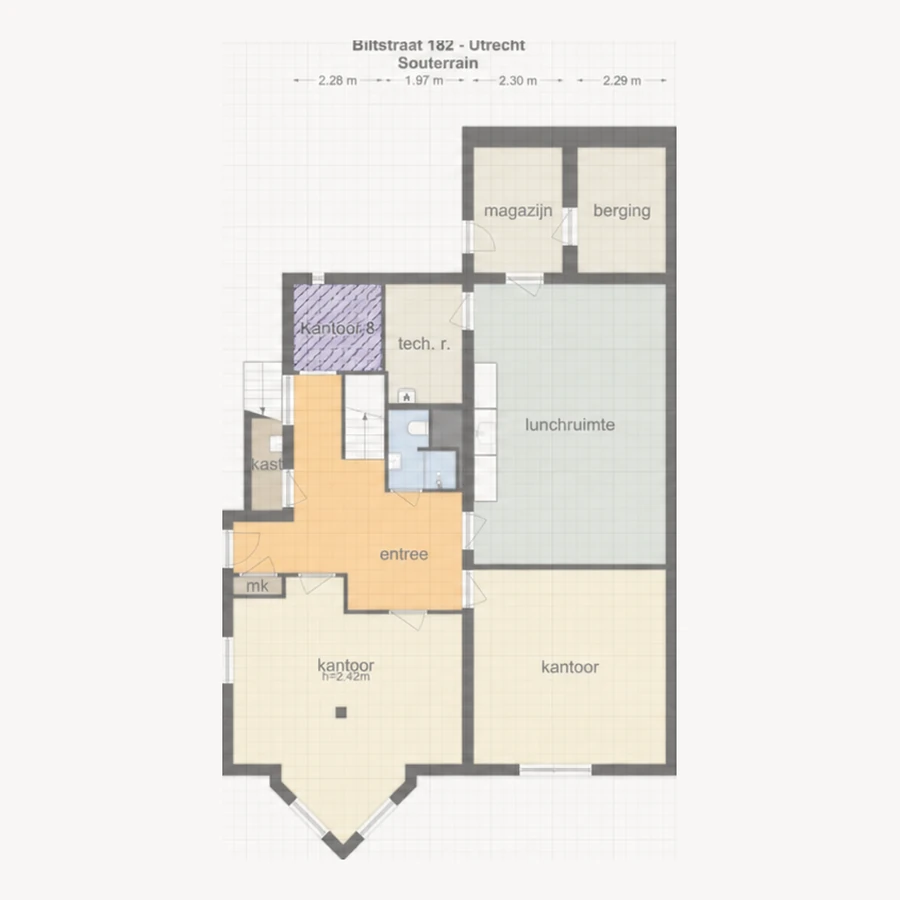 Plattegrond van het souterrain met kantoor 8 gemarkeerd